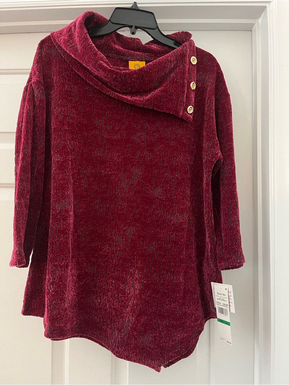 Ruby Rd. Burgundy Chenille Cowl Neck Sweater with Button Trim